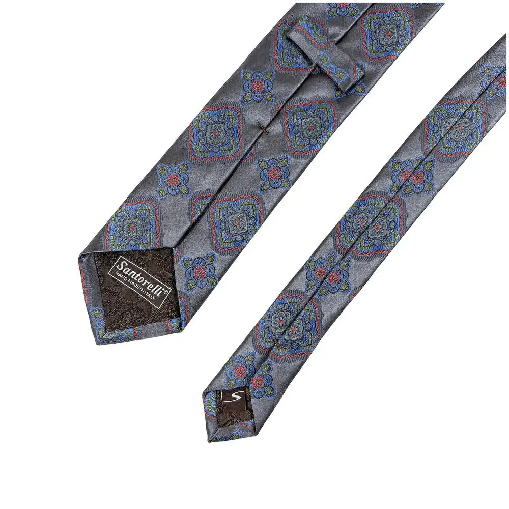 Santorelli Silk Tie Long Gray Blue Orange Green Medallion Made Italy 61